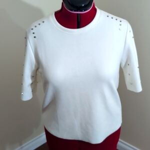 Dex| White Short Sleeved Blouse with Silver Toned Studs